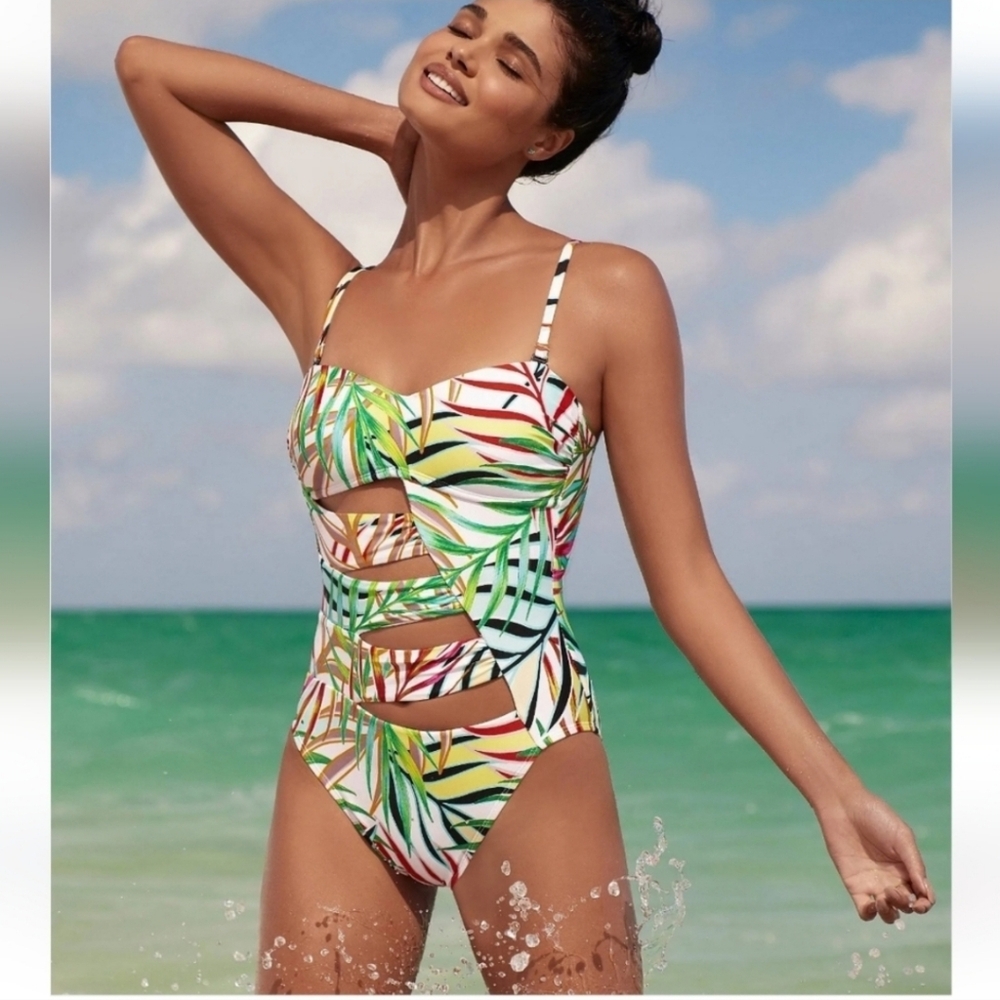 Kenneth Cole Exotic Palm One-Piece Cut-Out Swimsuit, Removable Straps, Medium
